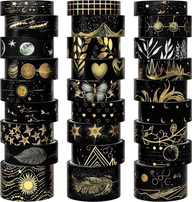 Main image of NANYNNU Black Washi Tape Set, 27 Rolls Black Gold Foil Decorative Masking Tape for Bullet Journaling, Scrapbooking Supplies, Watercolor Painting