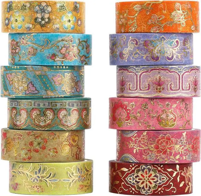 Main image of Lychii 12 Rolls Washi Tape Set, 5M/16.4Ft Long Vintage Masking Tape, 15mm | Gold Foil Decorative Tape, Glitting Oriental Aesthetic Journaling Supplies for Planner, Bujo, Artistic Projects, DIY