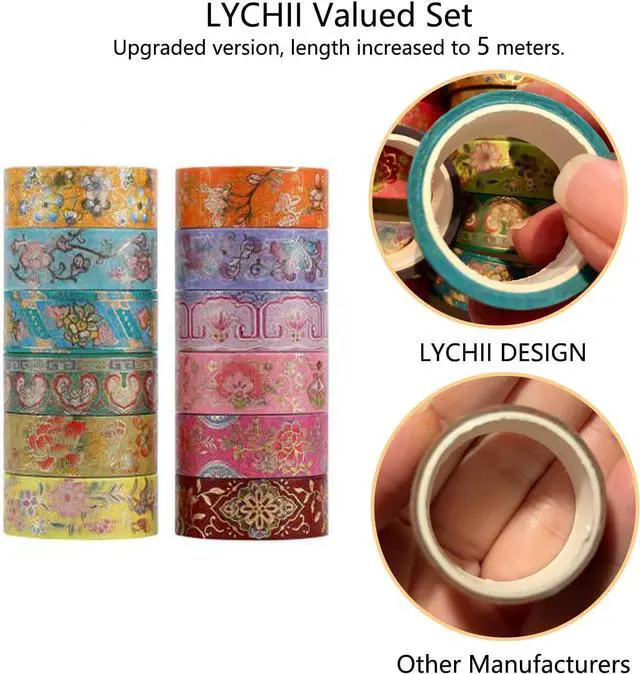 Alt view image 3 of 7 - Lychii 12 Rolls Washi Tape Set, 5M/16.4Ft Long Vintage Masking Tape, 15mm | Gold Foil Decorative Tape, Glitting Oriental Aesthetic Journaling Supplies for Planner, Bujo, Artistic Projects, DIY