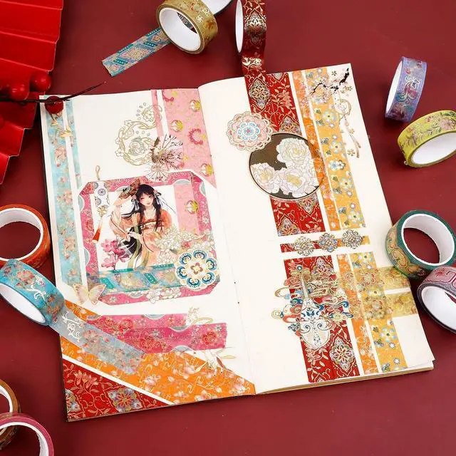 Alt view image 6 of 7 - Lychii 12 Rolls Washi Tape Set, 5M/16.4Ft Long Vintage Masking Tape, 15mm | Gold Foil Decorative Tape, Glitting Oriental Aesthetic Journaling Supplies for Planner, Bujo, Artistic Projects, DIY