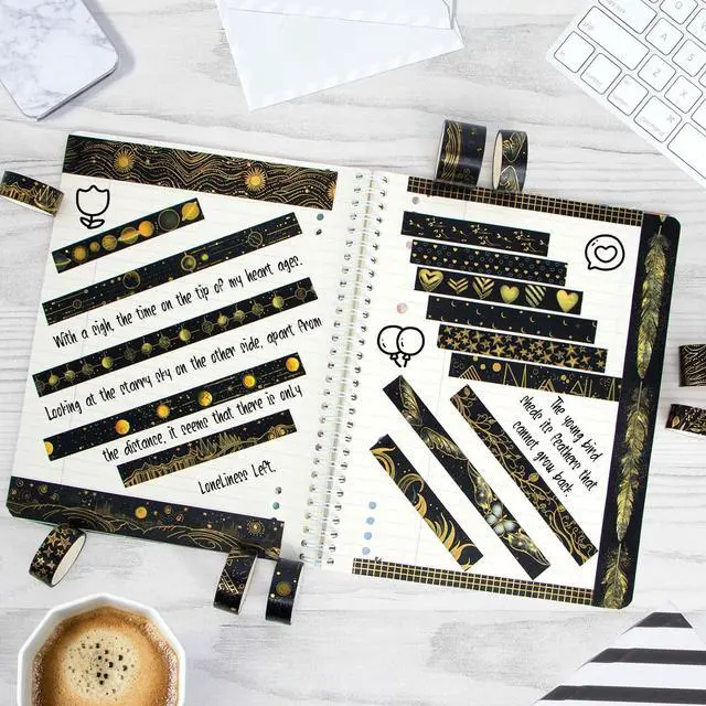 Alt view image 7 of 7 - NANYNNU Black Washi Tape Set, 27 Rolls Black Gold Foil Decorative Masking Tape for Bullet Journaling, Scrapbooking Supplies, Watercolor Painting