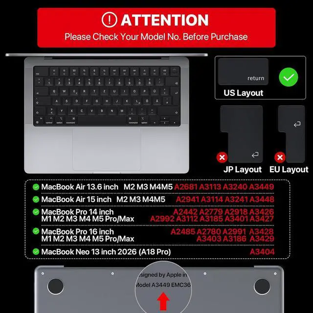 Alt view image 6 of 6 - Soonjet Ultra Thin Keyboard Cover for MacBook Pro 14 16 & MacBook Air 13 15 | Premium TPU Protector for MacBook Pro 14/16 M1-M5 Pro/Max and MacBook Air 13/15 M2-M5, Touch ID Cutout, US ANSI Layout
