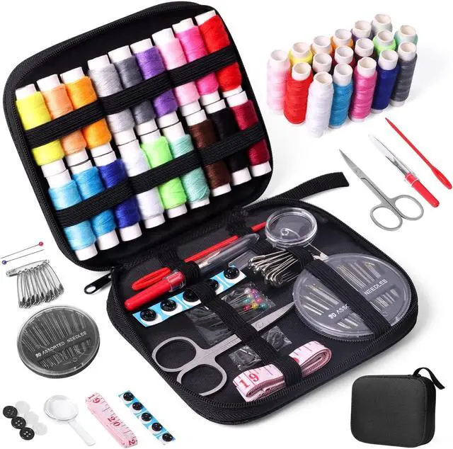 Main image of JUNING Sewing Kit with Case Portable Sewing Supplies for Mom Grandma Women Men Teen Girls Boys Home Traveler, Adults, Beginner, Emergency, Contains Thread, Scissors, Needles,Measuring Tape and More
