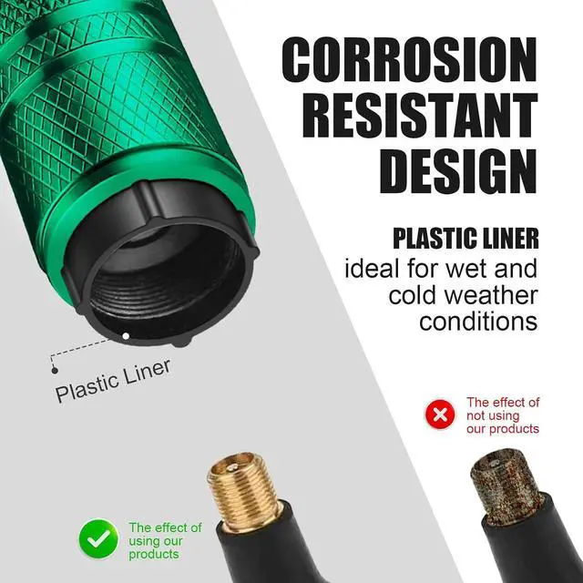 Alt view image 2 of 6 - DESOUL Tire Valve Stem Caps Corrosion Resistant (4 Pack) - Green | Aluminum Air Caps with Plastic Liner | Leak-Proof | Universal Fit for Cars, Trucks, Motorcycles