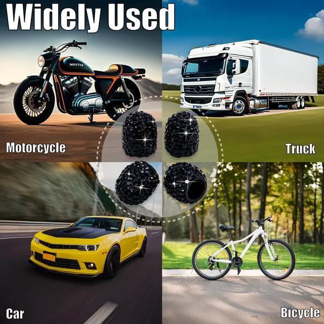 Alt view image 6 of 6 - 4PCS Bling Crystal Diamond Tire Stem Valve Caps, Dustproof Car Wheel Tire Valve Caps Universal Tire Valve Stem Covers for Cars, SUV, Trucks, Bikes, Motorcycles, Bicycles (Black)