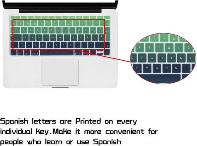 Alt view image 2 of 7 - HRH Spanish EU Keyboard Cover Skin for MacBook Pro New 13 & Old Retina 12 | Compatible with A1708 A1988 No Touch Bar 2016-2018 A1534,Smooth Touch,Non-slip,Ultra-thin,Keyboard Accessory,Ombre Green
