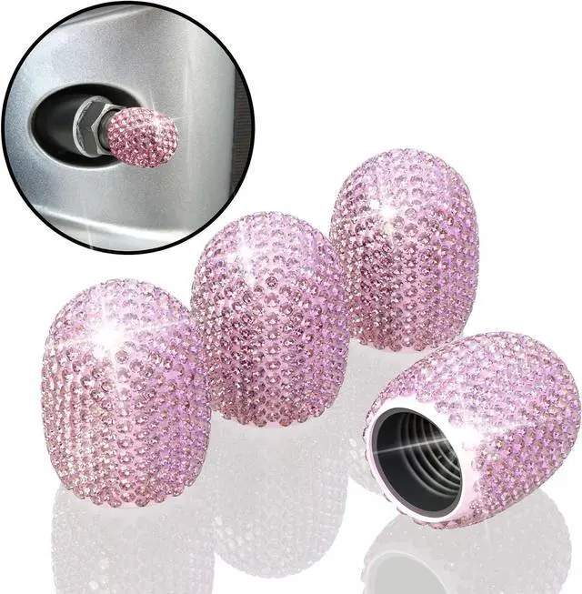 Main image of 4Pcs Car Tire Valve Stem Caps Pink Bling Tire Air Cap Car Accessories | Universal Stem Covers, Plastic Liner Corrosion Resistant Tires Valve Cap with O Rubber Ring,Crystal Diamond