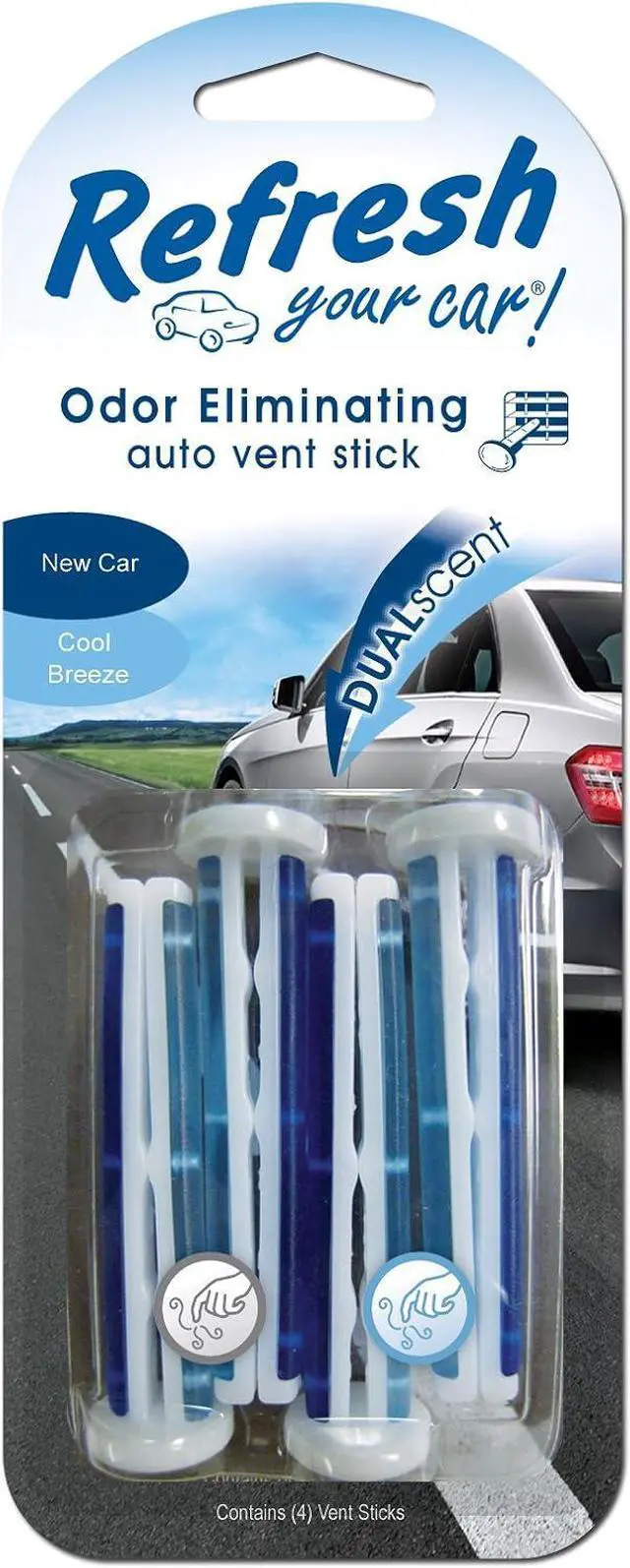Main image of Refresh Your Car Car Air Freshener, Odor Eliminator, Set of 4 Auto Dual Scent Vent Sticks, New Car and Cool Breeze Scent, Refresh Your Car