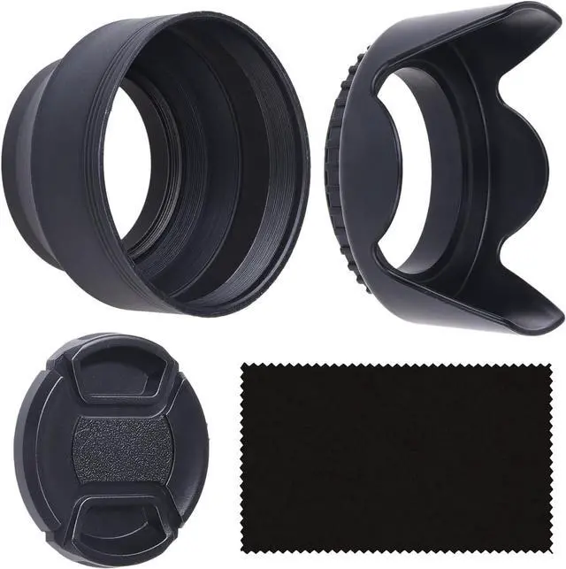 Main image of 58mm Set of 2 Camera Lens Hoods and 1 Lens Cap - Rubber (Collapsible) + Tulip Flower - Sun Shade/Shield - Reduces Lens Flare and Glare - Blocks Excess Sunlight (58 mm, Rubber Hood + Tullip Hood + Cap)