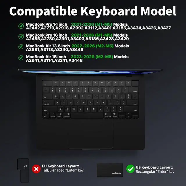 Alt view image 2 of 7 - TALLYOO Keyboard Cover for MacBook Air 13.6"/15" & Pro 14"/16" | US | US Layout | Premium TPU | 0.11mm Ultra-Thin | Skin-Friendly Feel | High Transparency | Air & Pro M5M1 (20262021)