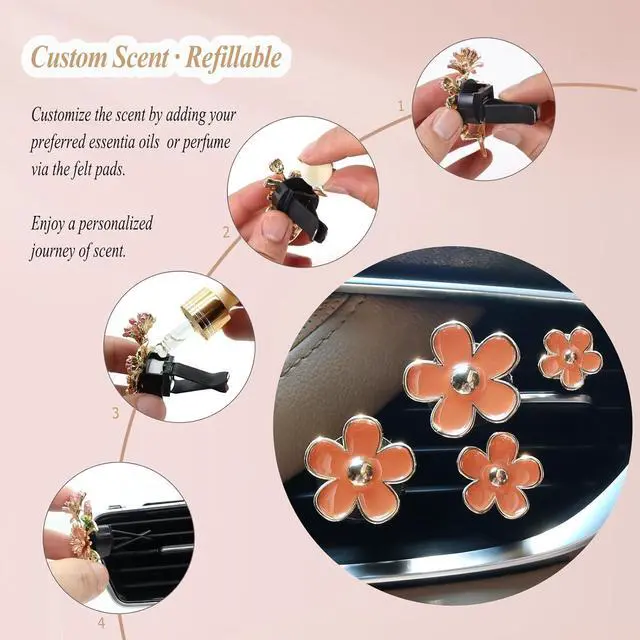 Alt view image 5 of 7 - ORIESSE Orange Car Accessories,4pcs Coral Flowers Air Vent Clips | Refillable Car Air freshener,Girly 4 Size Sparkle Daisy Vent Clips,Cute Car Decor for Women