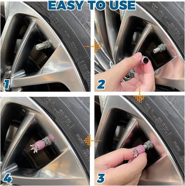 Alt view image 6 of 6 - ROSON Valve Stem Caps, 4 Pack Handmade Crown Bling Crystal Rhinestone Car Wheel Tire Valve, Attractive Dustproof Car Accessories, Universal Stem Air Caps Covers for Most Vehicles (Pink)