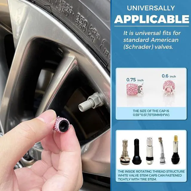 Alt view image 4 of 6 - ROSON Valve Stem Caps, 4 Pack Handmade Crown Bling Crystal Rhinestone Car Wheel Tire Valve, Attractive Dustproof Car Accessories, Universal Stem Air Caps Covers for Most Vehicles (Pink)