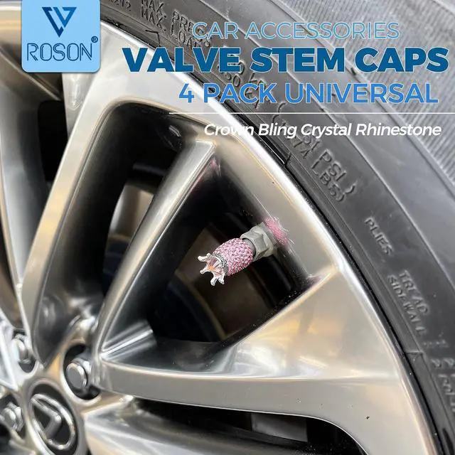 Alt view image 2 of 6 - ROSON Valve Stem Caps, 4 Pack Handmade Crown Bling Crystal Rhinestone Car Wheel Tire Valve, Attractive Dustproof Car Accessories, Universal Stem Air Caps Covers for Most Vehicles (Pink)