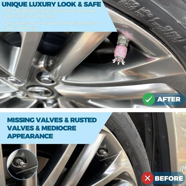 Alt view image 5 of 6 - ROSON Valve Stem Caps, 4 Pack Handmade Crown Bling Crystal Rhinestone Car Wheel Tire Valve, Attractive Dustproof Car Accessories, Universal Stem Air Caps Covers for Most Vehicles (Pink)