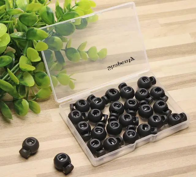 Alt view image 3 of 6 - Shapenty Plastic Toggle Single Hole Spring Loaded Elastic Drawstring Rope Cord Locks Clip Ends Round Ball Shape Luggage Lanyard Stopper Sliding Fastener Buttons, Black, 25PCS