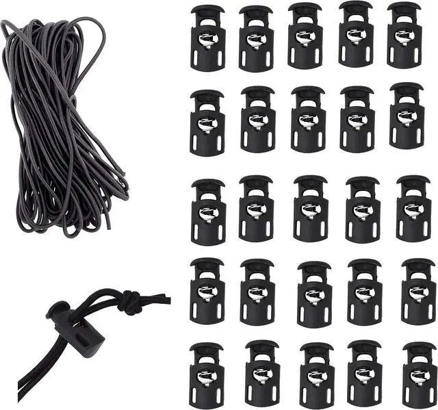 Main image of Mandala Crafts Black Shock Cord & Cord Locks for Elastic Drawstrings | 10 YDs Bungee String, 25 Spring Toggle Clips, End Stopper Clamps, for Shoelaces, Paracord, Jackets, Hoodies, Backpacks