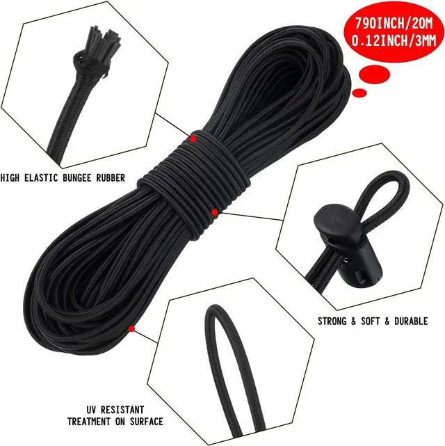 Alt view image 3 of 6 - Patelai 50 Pieces Cord Locks Spring Toggles Stoppers Plastic Single Hole End Stopper Slider and 1/8 Inch 66 Feet Elastic Bungee Cord for Drawstring Shoelaces Clothing Bags(Black, Classic Style)