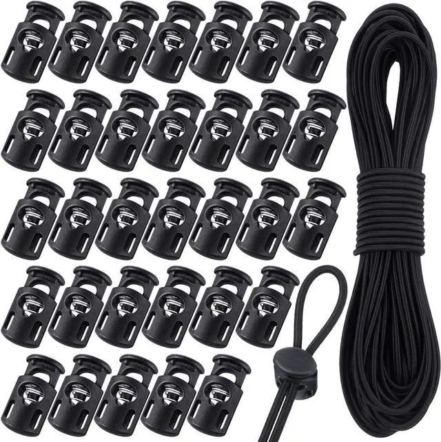 Main image of Patelai 50 Pieces Cord Locks Spring Toggles Stoppers Plastic Single Hole End Stopper Slider and 1/8 Inch 66 Feet Elastic Bungee Cord for Drawstring Shoelaces Clothing Bags(Black, Classic Style)