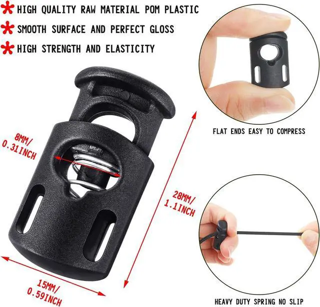 Alt view image 2 of 6 - Patelai 50 Pieces Cord Locks Spring Toggles Stoppers Plastic Single Hole End Stopper Slider and 1/8 Inch 66 Feet Elastic Bungee Cord for Drawstring Shoelaces Clothing Bags(Black, Classic Style)