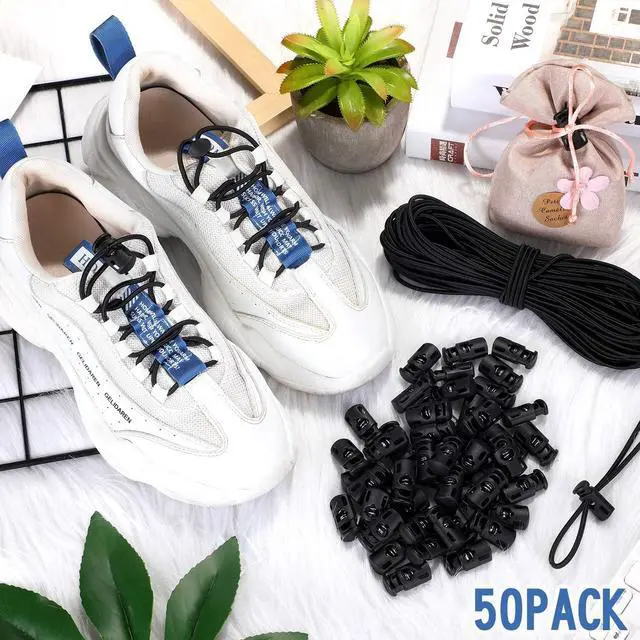 Alt view image 4 of 6 - Patelai 50 Pieces Cord Locks Spring Toggles Stoppers Plastic Single Hole End Stopper Slider and 1/8 Inch 66 Feet Elastic Bungee Cord for Drawstring Shoelaces Clothing Bags(Black, Classic Style)