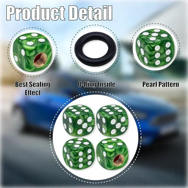 Alt view image 3 of 7 - 4PCS Pearl Pattern Dice Tire Valve Stem Caps, Leak-Proof Air Protection | Light-Weight Universal Tire Valve Stem Covers for Cars, SUV, Trucks, Bikes, Motorcycles, Bicycles(Green)