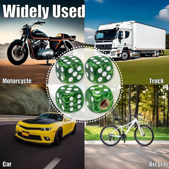 Alt view image 7 of 7 - 4PCS Pearl Pattern Dice Tire Valve Stem Caps, Leak-Proof Air Protection | Light-Weight Universal Tire Valve Stem Covers for Cars, SUV, Trucks, Bikes, Motorcycles, Bicycles(Green)