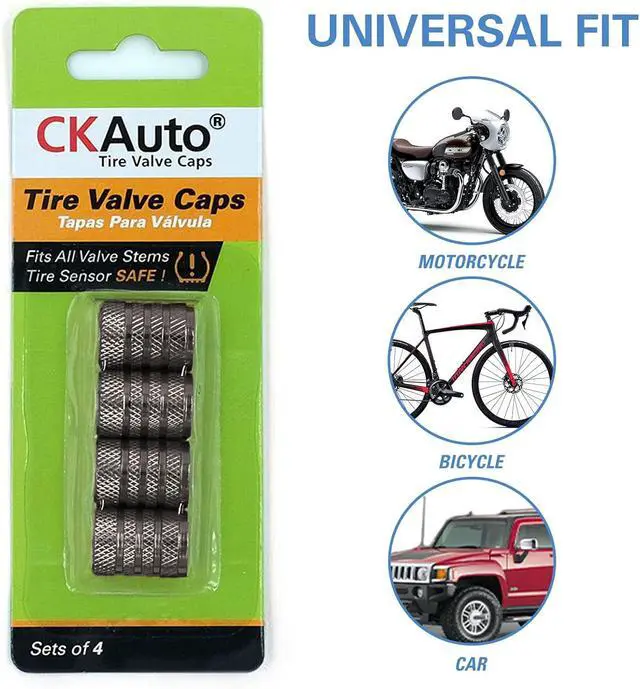 Alt view image 5 of 6 - CKAuto Tire Valve Stem Caps, Aluminum Gray, 4 pcs/Pack | Corrosion Resistant, Universal Stem Covers for Cars Trucks Motorcycles SUVs and Bikes