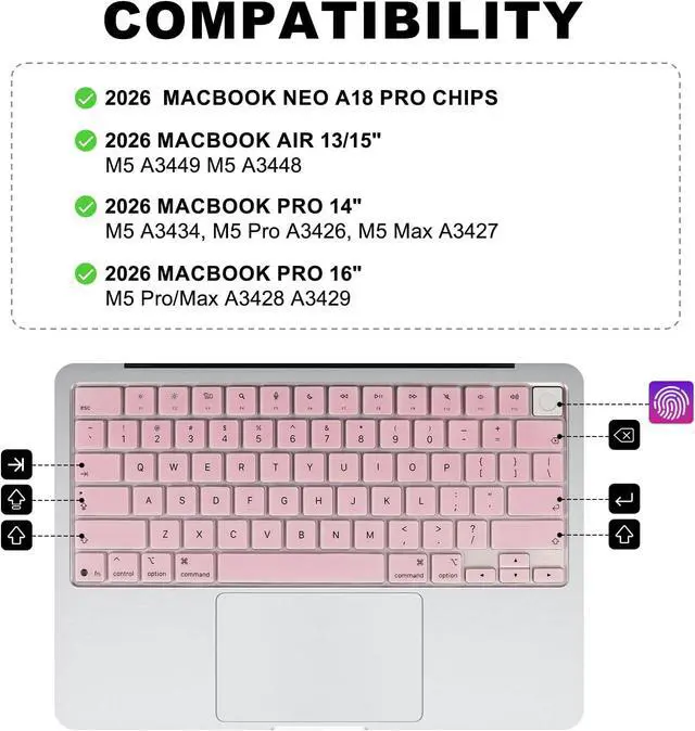 Alt view image 2 of 7 - Allinside Keyboard Cover for 2026 MacBook Neo 13-inch A3404 (A18 Pro) & MacBook Air 13"/15" and MacBook Pro 14"/16" (M5 Chip), Premium Silicone Keyboard Protector Skin, US ANSI Layout, Light Pink