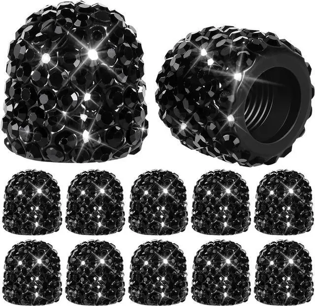 Main image of 10 Pack Handmade Crystal Rhinestone Tire Valve Stem Air Caps Covers Bling Crystal Diamond Dustproof Car Accessories Universal Trucks Motorcycles SUVs Bikes (Black)