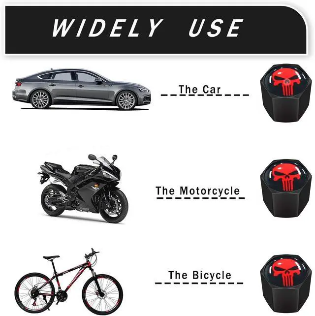 Alt view image 3 of 6 - Ajxn 4 Pack Skull Car Wheel Tire Valve Stem Caps Airtight Dust Proof Covers Universal Tire Air Valve Caps, Trucks, Bicycles, Car Accessories for Men and Women Red