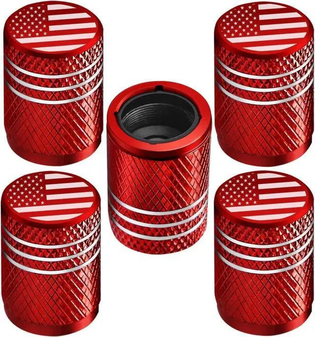 Main image of Tire Valve Stem Caps for Car Tire Cap 5 Pack Corrosion Resistant Leak-Proof Premium Alloy American Flag Universal for Car Bike Truck Motorcycle Red