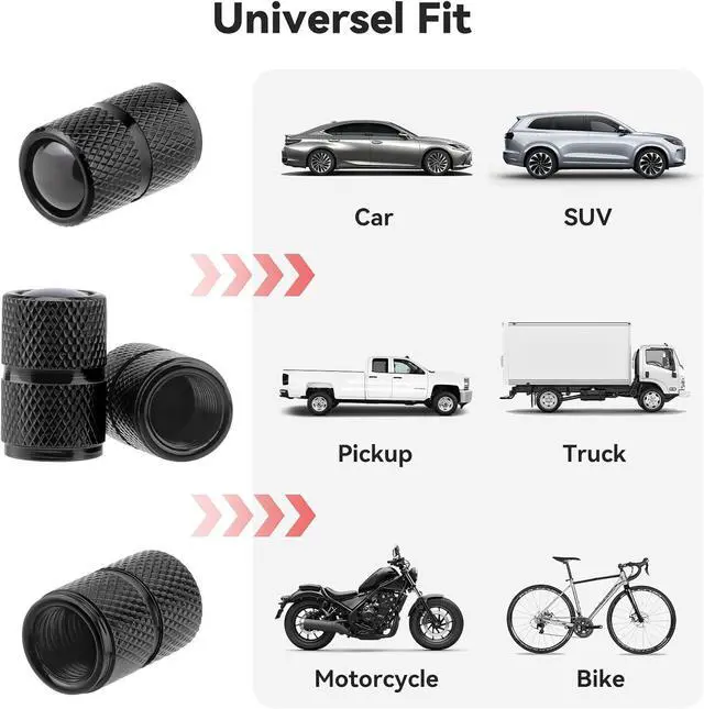 Alt view image 2 of 7 - Universal Tire Valve Stem Caps, 4pcs Aluminum Tire Valve Cap, Solid-Black | Corrosion Resistant Stem Covers for Cars SUVs Trucks Motorcycles Bikes