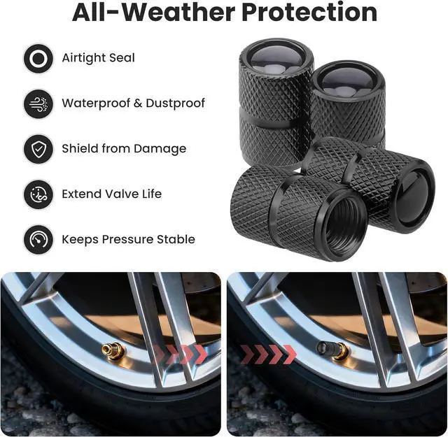 Alt view image 5 of 7 - Universal Tire Valve Stem Caps, 4pcs Aluminum Tire Valve Cap, Solid-Black | Corrosion Resistant Stem Covers for Cars SUVs Trucks Motorcycles Bikes