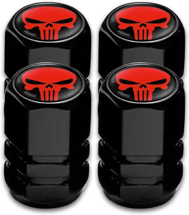 Main image of Ajxn Pack-4 Skull Tire Valve Stem Caps, Airtight Dust Proof Covers for Car Wheel, Universal Tire Air Valve Caps Fits Cars Trucks Motorcycles SUVs and Bikes, Car Wheels Protection Accessories (Red)