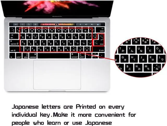 Alt view image 2 of 6 - HRH Japanese Language Silicone Keyboard Cover Skin for MacBook Pro 13 15 | with Touch Bar, A1989/A1706/A2159/A1990/A1707, 2019 2018 2016 2017 Release, with Touch ID, Both European/USA Layout, Black