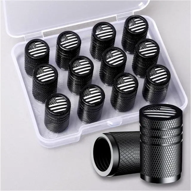 Main image of American Flag Tire Valve Stem Caps, Aluminum USA Caps Black, Universal Dust Proof Covers for Cars Trucks Bikes Motorcycles Bicycles Corrosion Resistant Black and White National Flag 12PCS