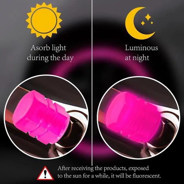Alt view image 3 of 7 - 8PCS Fluorescent Tire Valve Stem Caps, Luminous Car Tire Air Cap, Corrosion Resistant Leak-Proof Wheel Valve Cover, Universal for Cars, Trucks, Bikes, Motorcycles, Bicycles(Pink)
