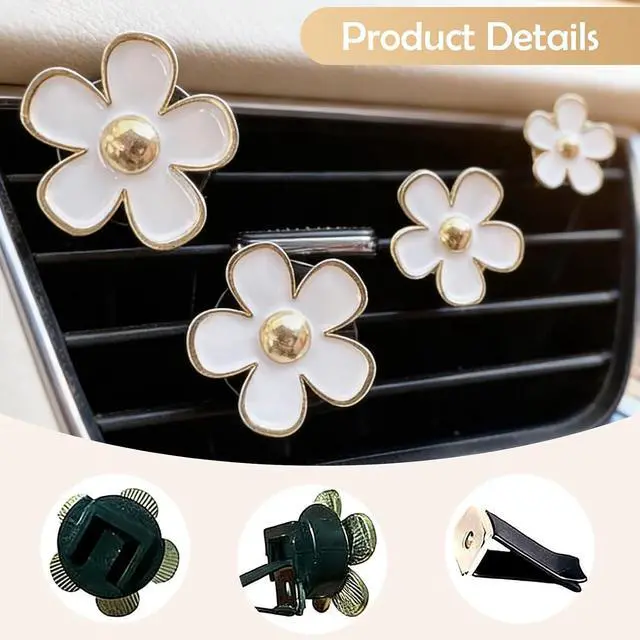 Alt view image 3 of 6 - 4Pcs Cute Daisy Flowers Car Air Freshener Vent Clips, 4 Sizes Sparkle White Flower Car Diffuser Clips, Refillable Girly Car Accessories for Women
