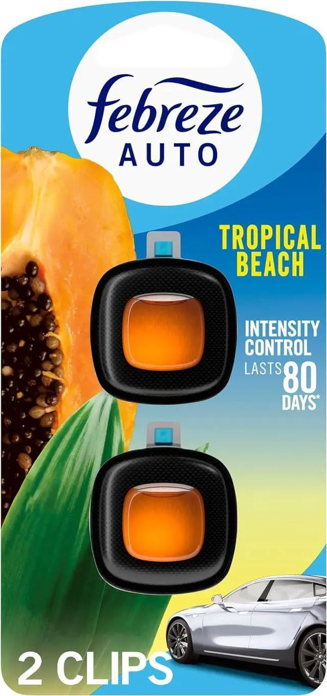 Main image of Febreze AUTO Air Freshener, Odor-Fighting Automotive Vent Clip, Scented Car Accessories, Long Lasting for Strong Odors, Tropical Beach Scent, 2 Count