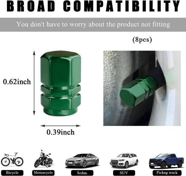 Alt view image 2 of 6 - Wevdn 8 PCS Car Tire Valve Caps, Anti-Corrosion Aluminum Alloy Valve Stem Dust Caps with Rubber Seal, Leak-Proof Tire Valve Cover for SUV Truck Motorcycle Bike, Car Accessories (Green)