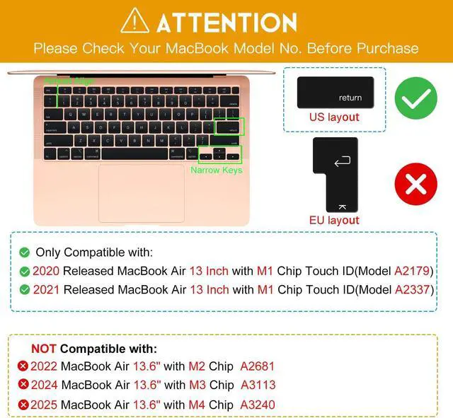 Alt view image 2 of 7 - CaseBuy Premium Ultra Thin Keyboard Cover for MacBook Air 13.3" 2021 2020 | Model A2179 A2337 M1 Chip, MacBook Air 13 inch M1 TPU Protective Skin(Not Fit 2022-2026 Air M2 M3 M4 M5 A2681 A3113 A3240)