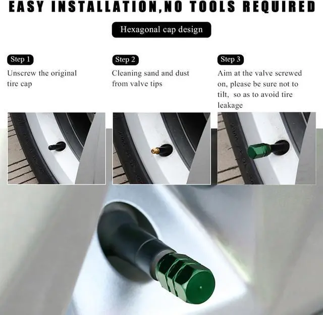 Alt view image 6 of 6 - Wevdn 8 PCS Car Tire Valve Caps, Anti-Corrosion Aluminum Alloy Valve Stem Dust Caps with Rubber Seal, Leak-Proof Tire Valve Cover for SUV Truck Motorcycle Bike, Car Accessories (Green)