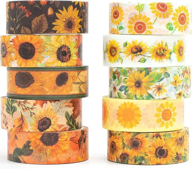 Main image of Sunflower Washi Tape Set 10 Rolls Floral Print Decorative Sun Flowers Masking Tapes for Arts, DIY Crafts, Journals, Planners, Scrapbook, Wrapping