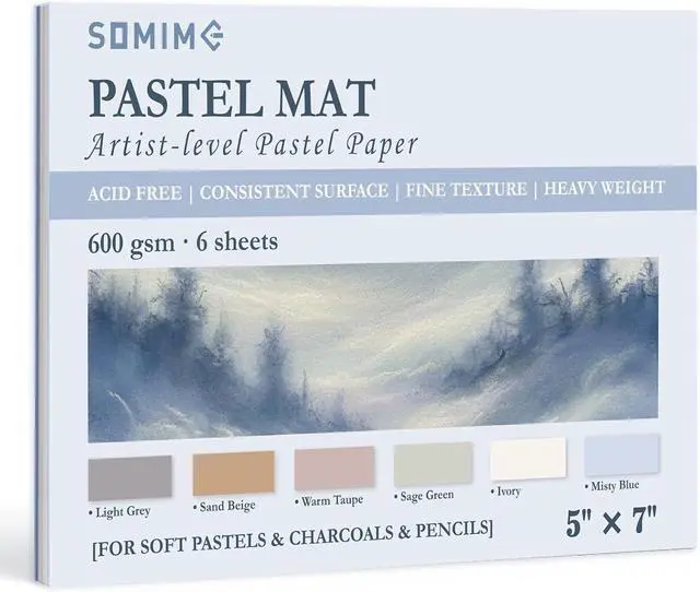 Main image of Somime 5x7 600gsm Sanded Pastel Paper Pad, 6 Sheets of 6 Light Colors | Heavyweight Artist Drawing Paper Pad for Pencils and Soft Oil Charcoal Pastels