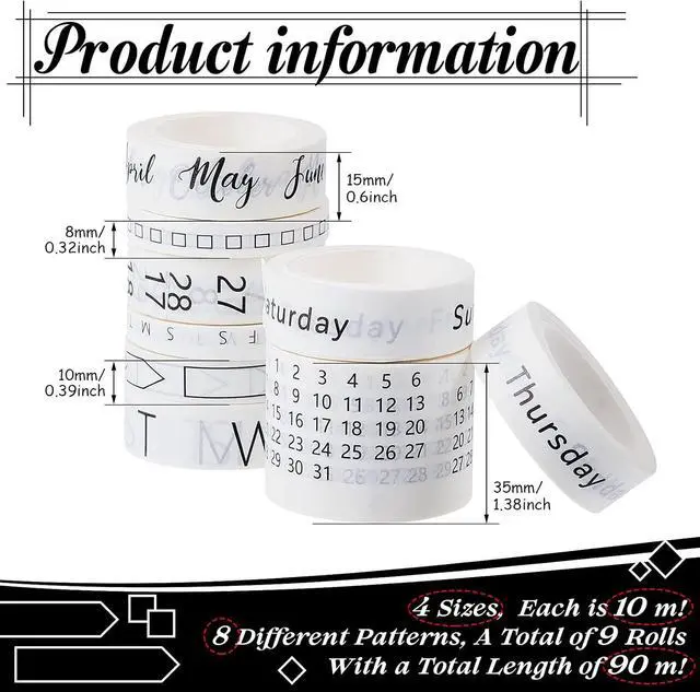 Alt view image 2 of 7 - Chuangdi 9 Rolls Calendar Washi Tape Set,White | Vintage Day Week Month Date Number Calendar Washi for Journaling, Planner Decoration, Journal Labels, Arts Crafts