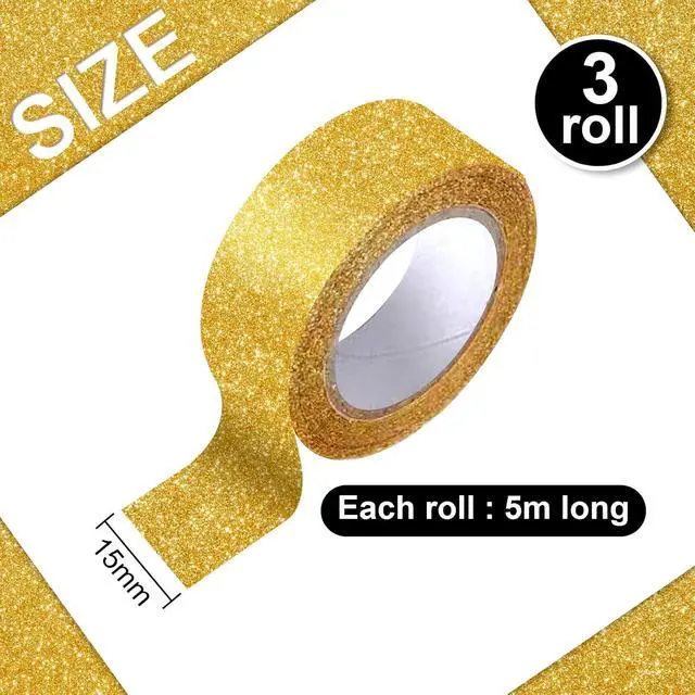 Alt view image 2 of 5 - 3 Rolls Gold Glitter Tape,Gold Glitter Washi Tape 15mm by 5m,Total 15m/17.5 Yards,for Scrapbook,Crafting