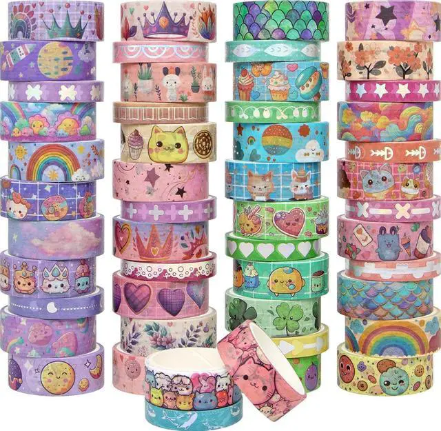 Main image of WAPETASHI 50 Rolls Washi Tape Set, Silver Cute Washi Tape for Scrapbooking, Bullet Journal, Planner, Gift, Rainbow Masking Decorative Tape for Kids