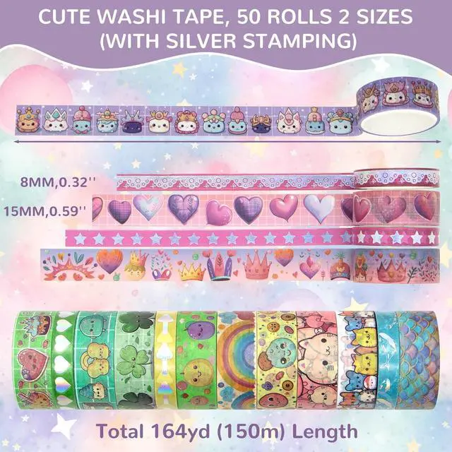 Alt view image 2 of 7 - WAPETASHI 50 Rolls Washi Tape Set, Silver Cute Washi Tape for Scrapbooking, Bullet Journal, Planner, Gift, Rainbow Masking Decorative Tape for Kids