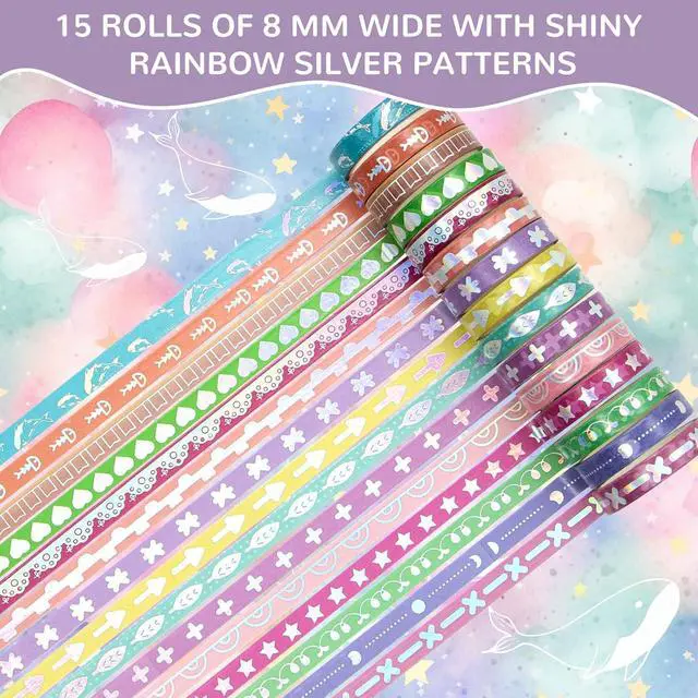 Alt view image 3 of 7 - WAPETASHI 50 Rolls Washi Tape Set, Silver Cute Washi Tape for Scrapbooking, Bullet Journal, Planner, Gift, Rainbow Masking Decorative Tape for Kids